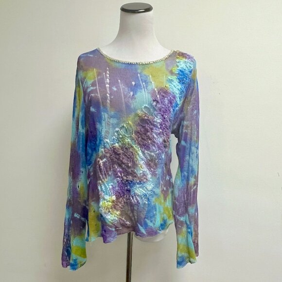 M & Kyoko top blue green woven long sleeve L